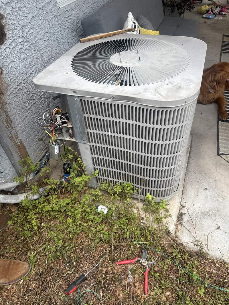 Outdoor residential AC condenser unit in Las Vegas with the electrical access panel open, showing the capacitor, contactor, and wiring behind the fan motor